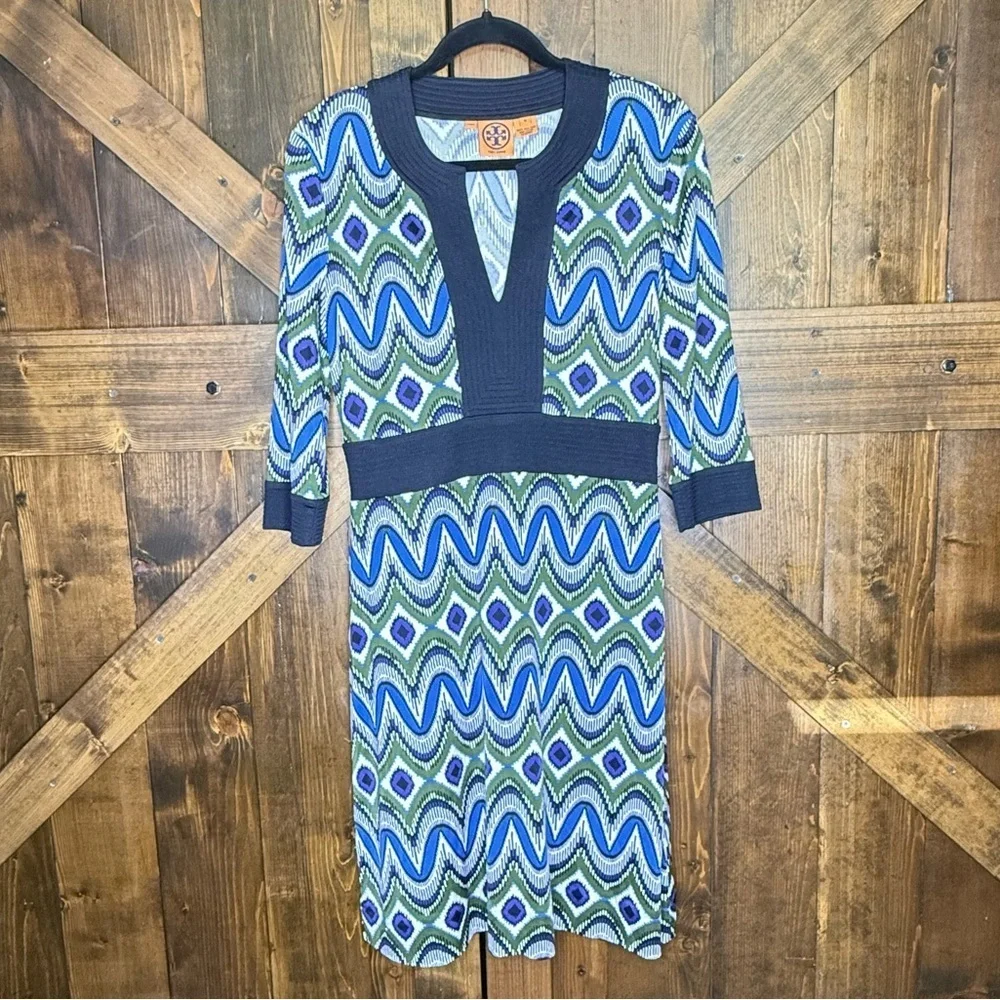 TORY BURCH 100% Silk Geometric Print Sheath V-Neck Dress Women’s Size M